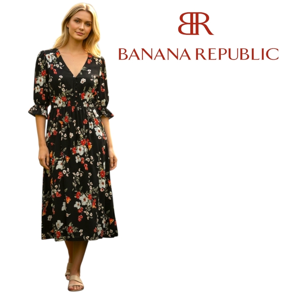 Banana Republic Black Floral Midi Dress V-neck Short Puffed Sleeves Sz 2 NWOT